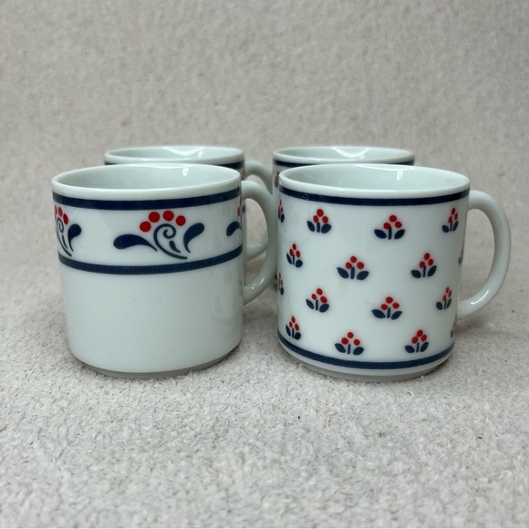 NEW Vintage Copco Fine Porcelain Espresso Mug/Saucer Set of 4-White/Blue/Red-82 - Picture 5 of 10